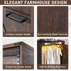 Farmhouse 2 Doors Armoire Wardrobe Closet w/ Folding Sliding Barn Door and Lights, LED Armoire Closet w/Drawers for Bedroom, Freestanding Wooden Wardrobe Storage Closet w/Hanging Rod,Rustic Brown