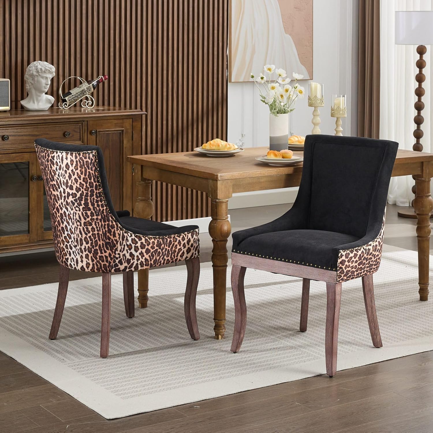 LKTART Upholstered Dining Chairs Set of 2, Solid Wood Kitchen Dining Room Chairs with Thicken Padded and Nailhead Trim for Home Kitchen Bedroom Black and Leopard