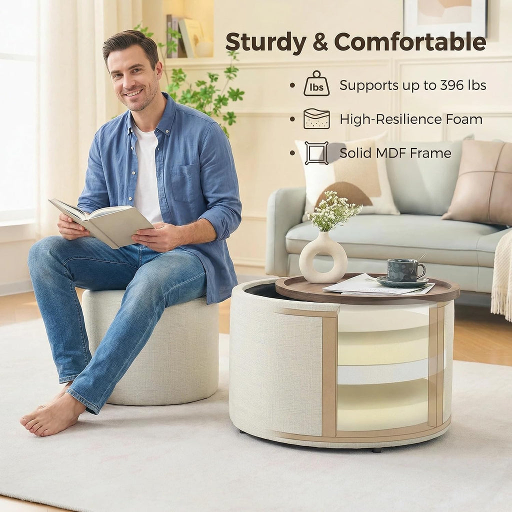 Nesting Storage Ottomans Set of 2, Round Coffee Table with Linen Upholstered Footstool, Wood Tray Top, 22.75" Diameter, Beige (Blue)