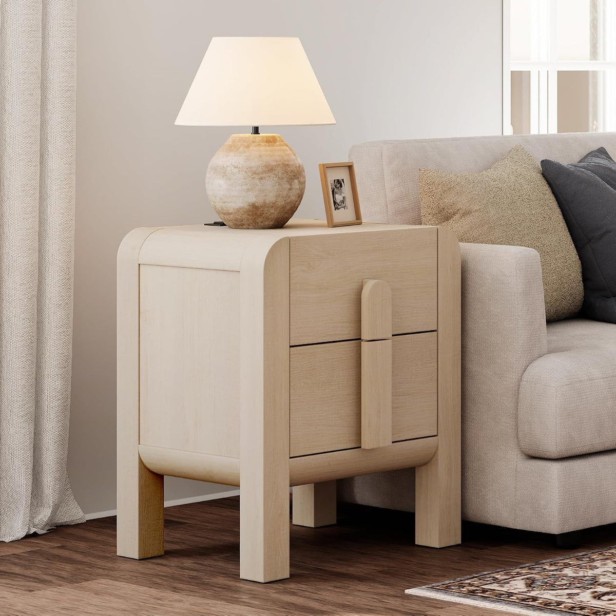 WAMPAT 23.7" Tall Beige Nightstands Set of 2, Modern Mid Century End Table with Charging Station, Wood Bedside Table w/2 Storage Drawers, Side Table Bedside Cabinet for Bedroom,Living Room，Beige