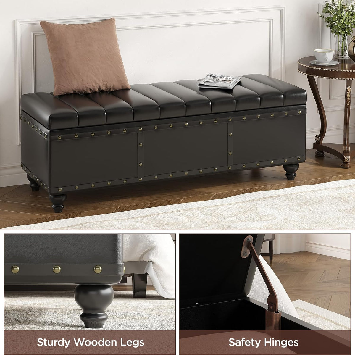 Maupvit Storage Ottoman Bench, Faux Leather Ottoman with Storage, Bench for Bedroom end of Bed, Upholstered Storage Benches for Living Room, Entryway, Hallway, Foot Rest, Black