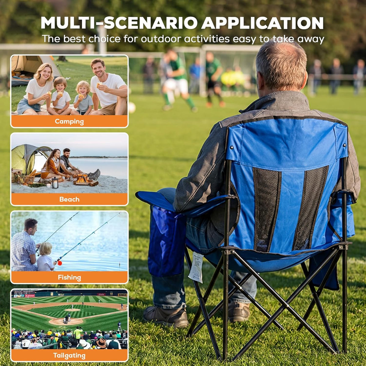 Romswi Portable Camping Chairs for Adult Support 400 LBS, Folding Outdoor Chairs with 4-Can Cooler Bag, Folding Chair with Mesh Back for Outdoor, Fishing, Garden, 2-Pack, Blue