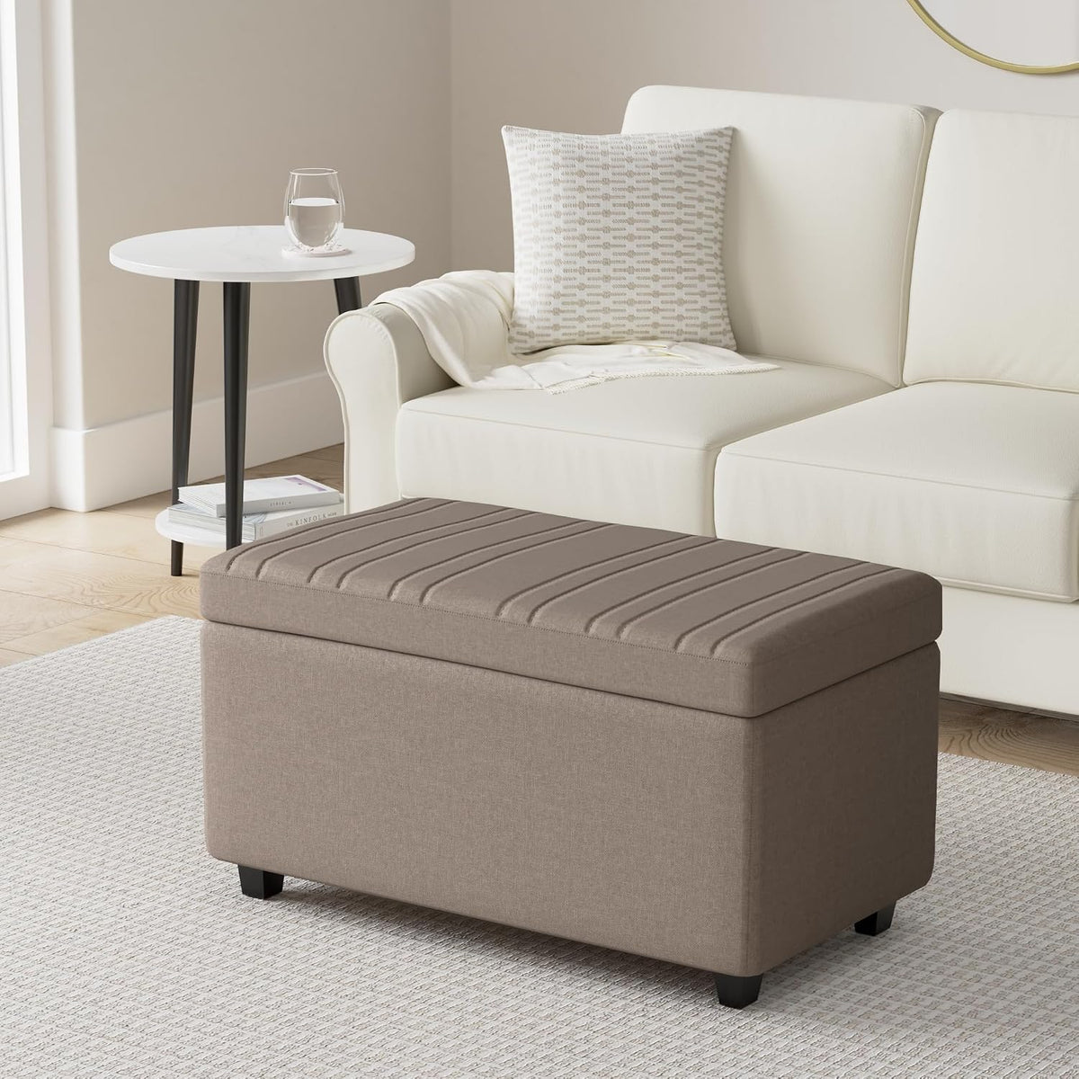 SIMPLIHOME Darcy 33 inch Wide Contemporary Rectangle Storage Ottoman Bench in Fawn Brown Linen Look Fabric, Assembled, For the Living Room, Entryway and Family Room
