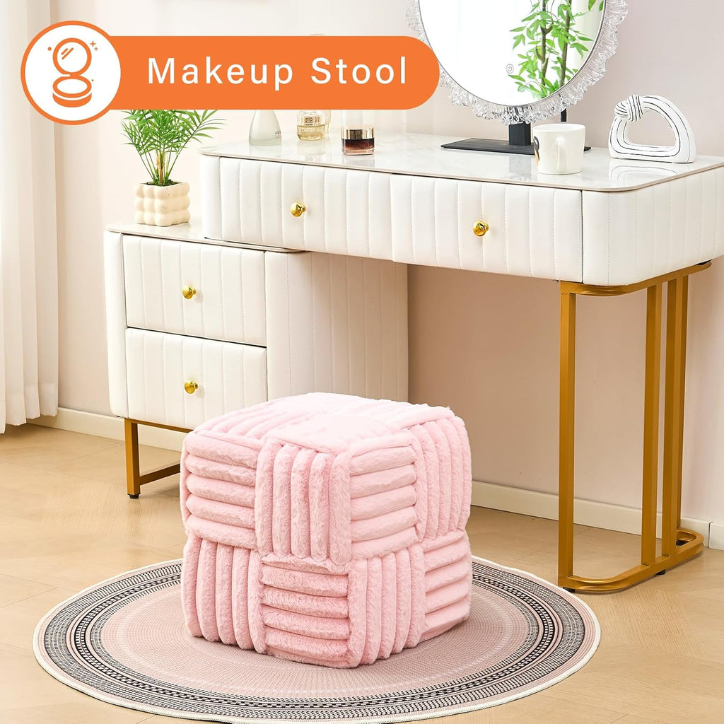 Faux Fur Ottoman Footrest 15.7" Square Vanity Stool, No Assembly Required, Soft Padded Seat for Bedroom, Living Room, Entryway (Pink-1)