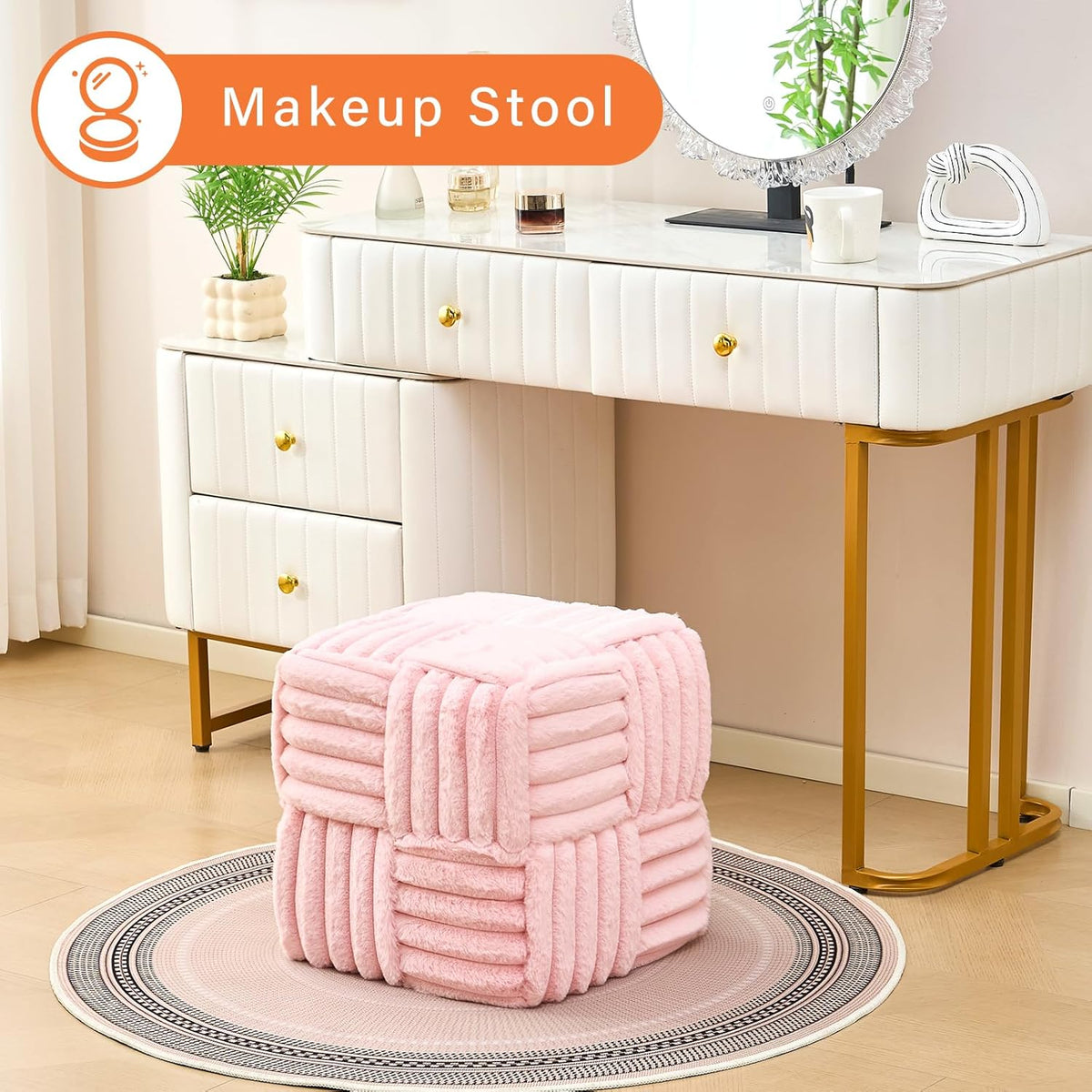 Faux Fur Ottoman Footrest 15.7" Square Vanity Stool, No Assembly Required, Soft Padded Seat for Bedroom, Living Room, Entryway (Pink-1)