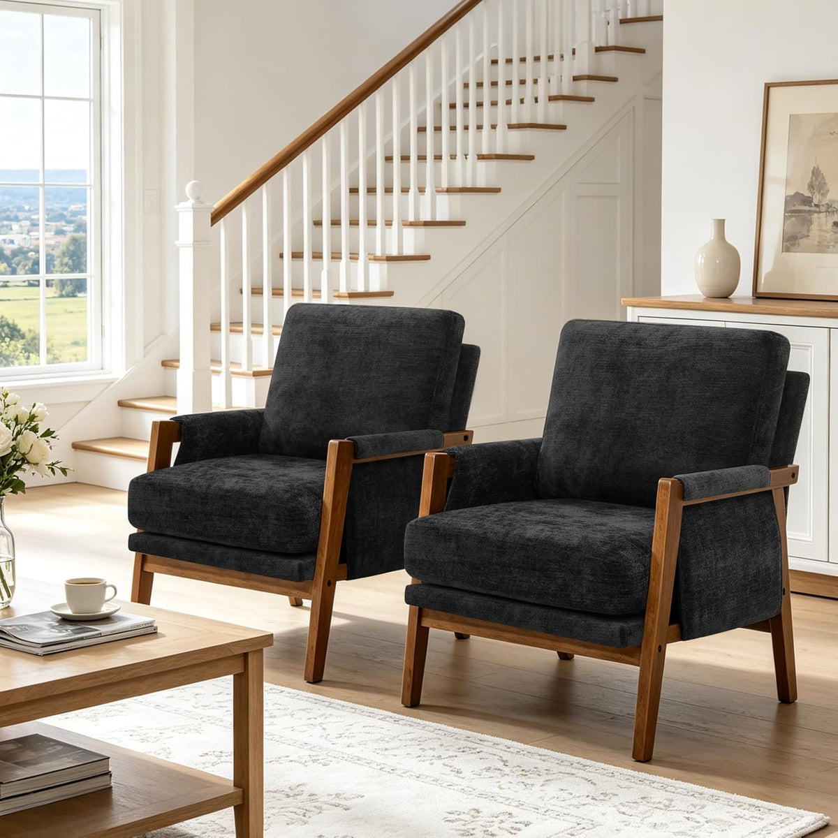 RNKSFX Black Accent Chair for Bedroom & Living Room, Mid Century Modern Accent Arm Chair, Upholstered Anthropologie Accent Chair with Solid Wood Frame, Fabric