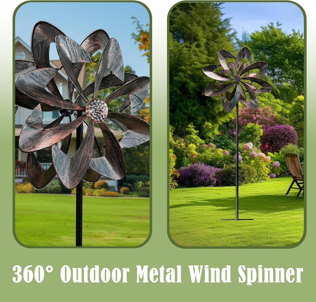 GUAGUA Classical Metal Wind Spinner Outdoor, 360 Degrees Swivel Wind Spinners for Yard and Garden, 74 in Wind Sculptures Willow Leaves Patio Decor (Bronze)