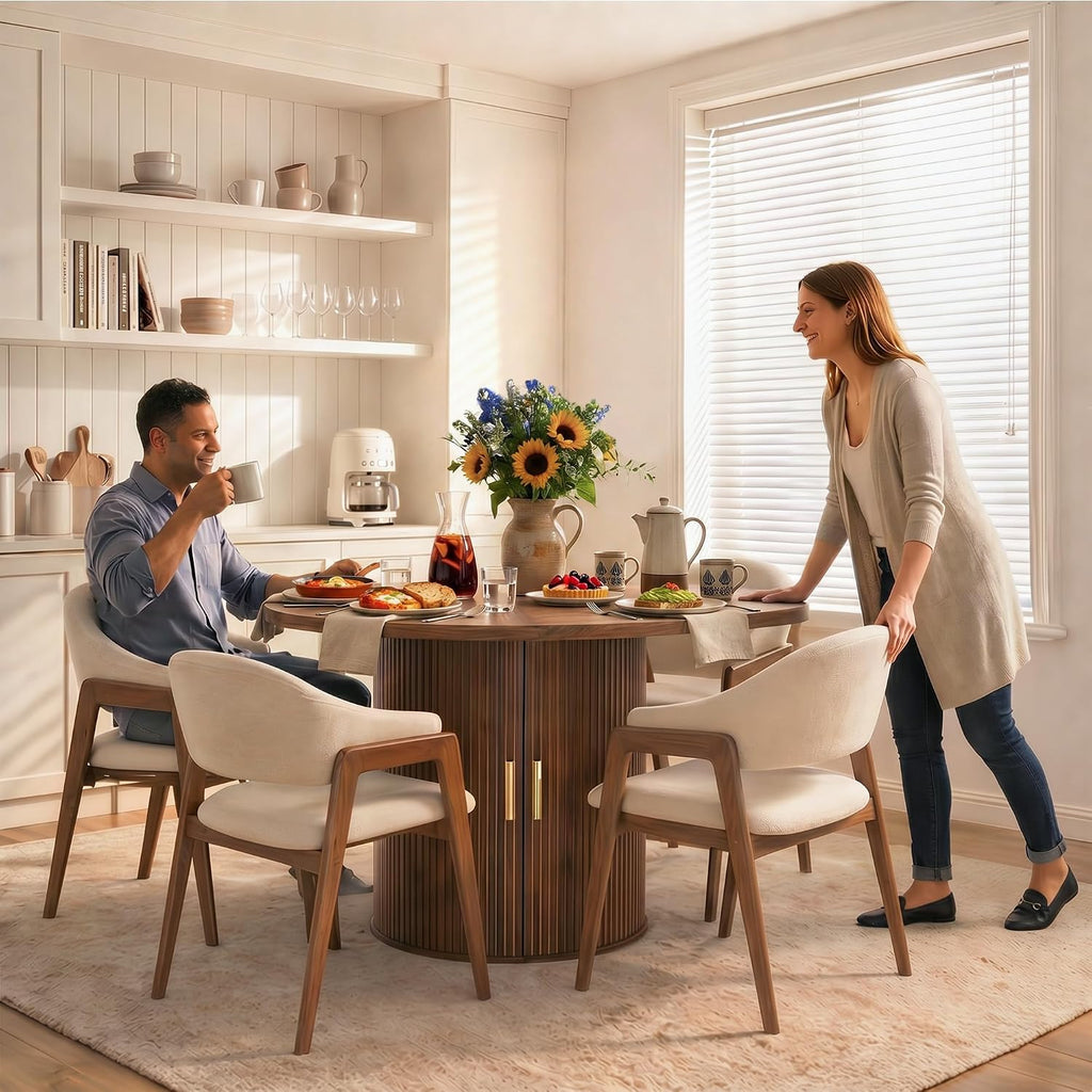 47" Round Dining Table for 4-6, Space-Saving Dining Room Table with Core Rolling Shutter Storage Shelf and Thick Tabletop, Wood Grain Dinner Table for Kitchen, Dining Room, Living Room, Walnut