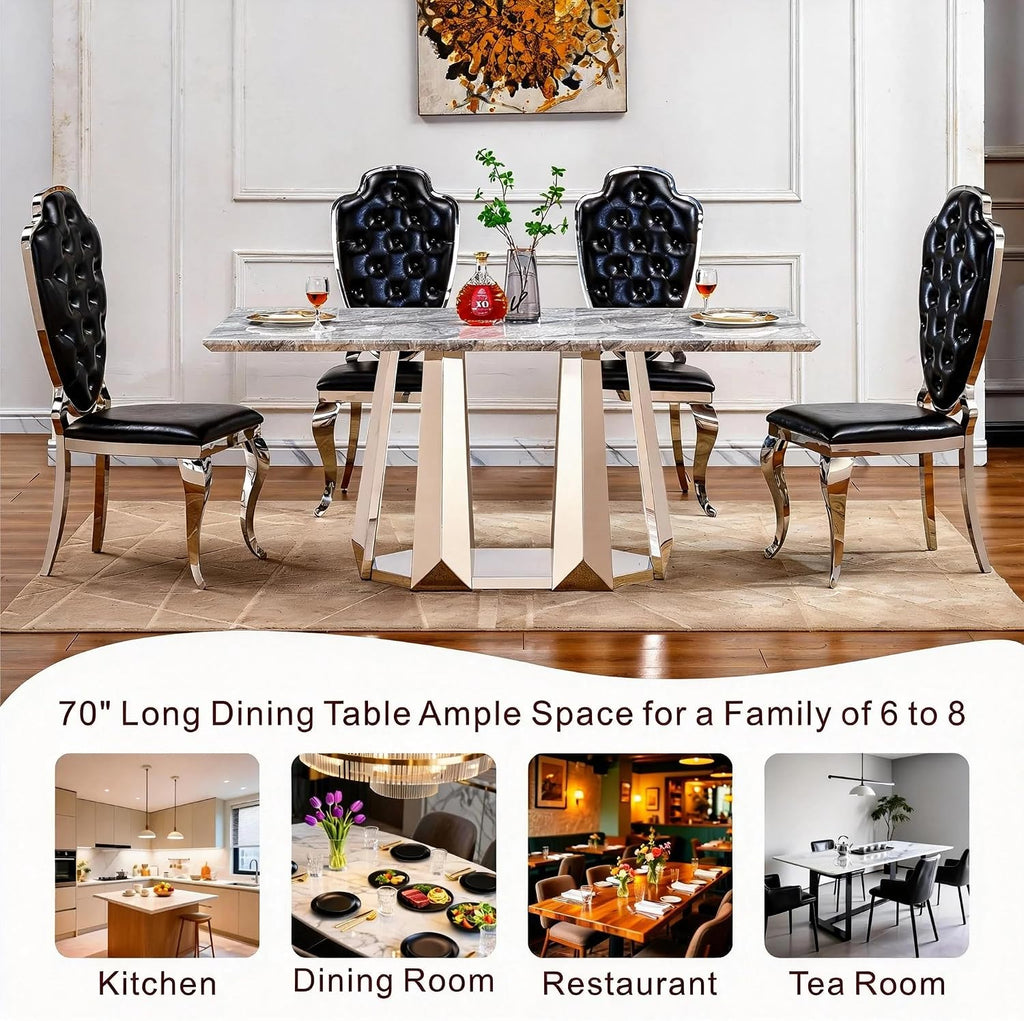 70" Rectangle Faux Marble Luxury Grey Dining Table for 6-8 People, Modern Large Kitchen Table with Silver Mirrored Stainless Steel Leg Base, Dining Table for Dining/Living Room, Office (One Table)