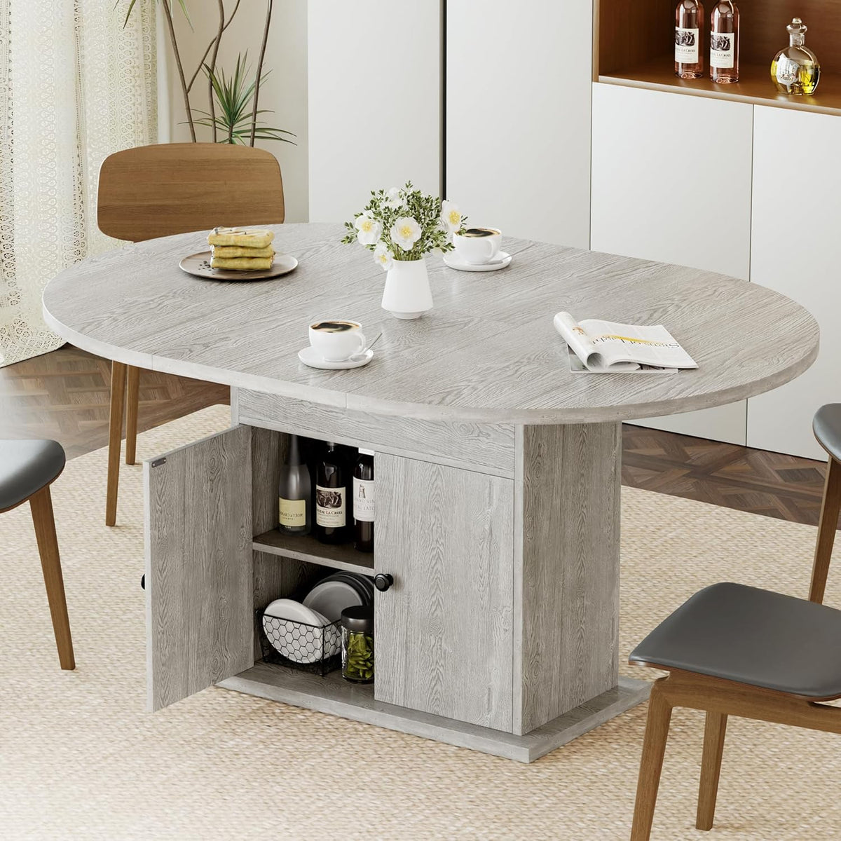 43.3in-59in Extendable Round Dining Table for 4-8, Modern Expandable Kitchen Oval Dining Table, Space Saving Circle Dining Room Table with Storage Shelf for Kitchen Living Room (Grey)