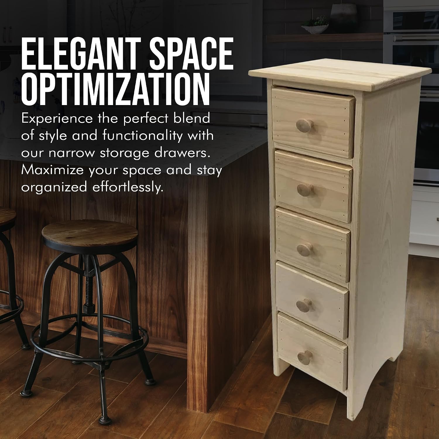Peaceful Classics Skinny Drawers Cabinet - 5 Storage Drawers for Living Room, Kitchen, or Bathroom Amish Furniture Wood Cabinet, 10.75x10x37 inches (Unfinished)
