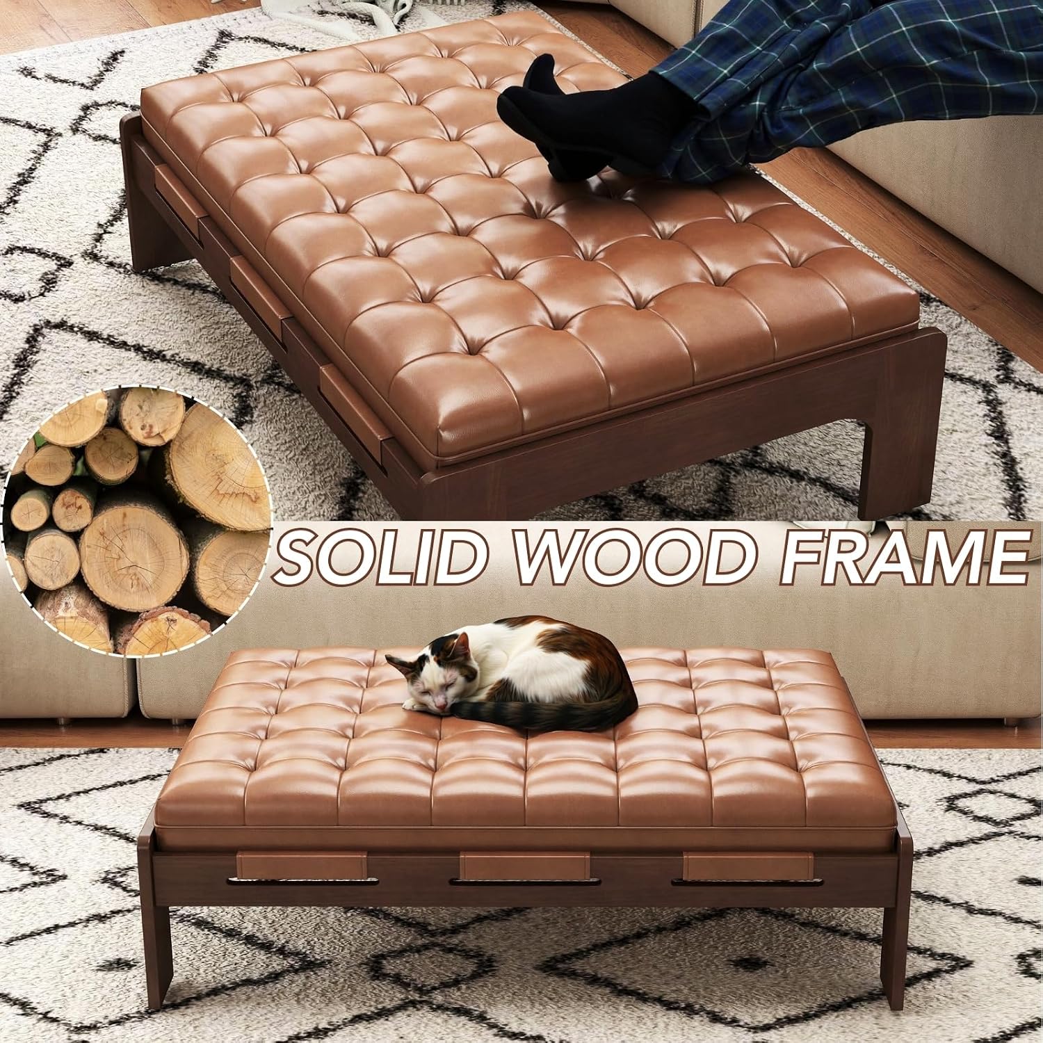 chairus 47.75" Large Rectangle Ottoman Coffee Table, Tufted Faux Leather Upholstered Living Room Coffee Table with Solid Wood Frame, Oversized Mid-Century Modern Footrest Ottoman, Brown PU