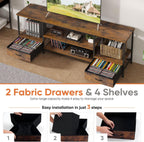 Sweetcrispy 63" TV Stand with Fabric Drawers for 65 70 75 Inch TVs | Entertainment Center with Open Shelves & Metal Frame & Charging Station for Living Room, Bedroom, Brown