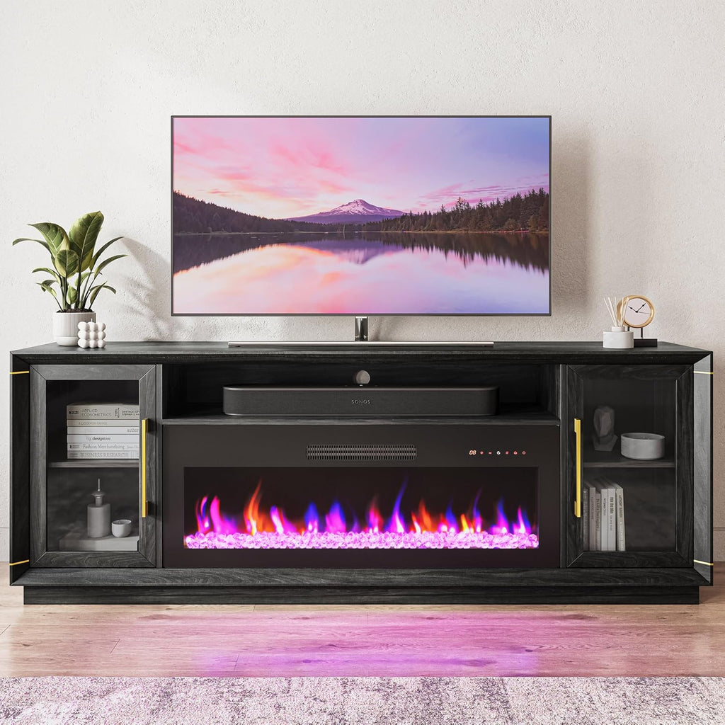 BELLEZE 74" Extra Large TV Stand for TVs Up to 85", Media Console Table with 42" Electric Fireplace Heater, Entertainment Center with Storage Cabinets for Living Room - Black Ebony
