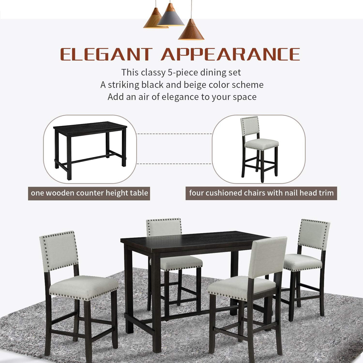 Merax 5 Pieces Counter Height Dining Set, Elegant Wooden Desk and 4 Upholstered Chairs, Perfect for Kitchen, Breakfast Nook, Bar, Living Room