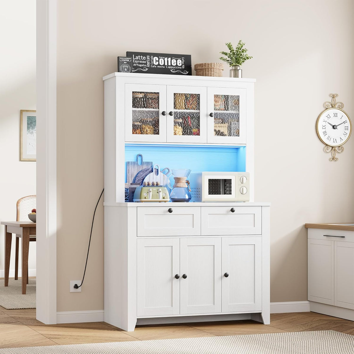 GarveeHome 66" Tall Pantry Cabinet with Power Outlet & LED Light, Kitchen Pantry Storage Cabinets with Countertop, Large Kitchen Hutch with Storage Drawers & Water Ripple Acrylic Panel Cabinet Door