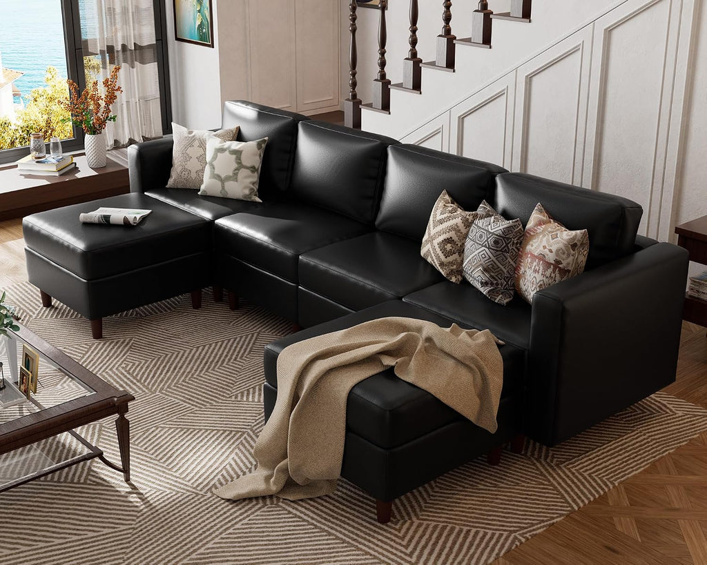 ABCASA Sofa Modular Sectional Faux Leather Sectional Sofa Module Black