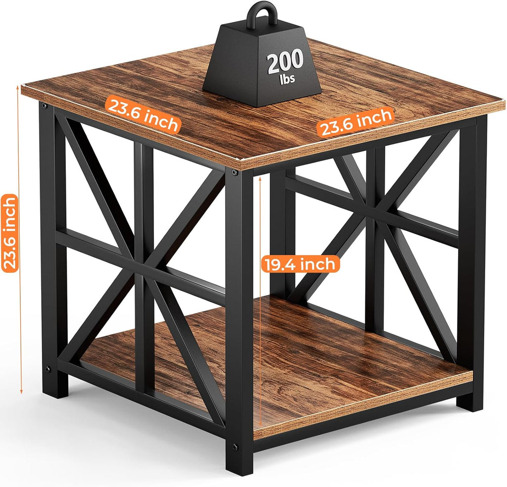GreenForest Large End Table with X-Shaped Metal Frame for Living Room | Rustic Side Table for Bedroom Office,2-Tier Storage Shelf Nightstand,Scratch-resistant Sofa Table,Walnut,24 inch