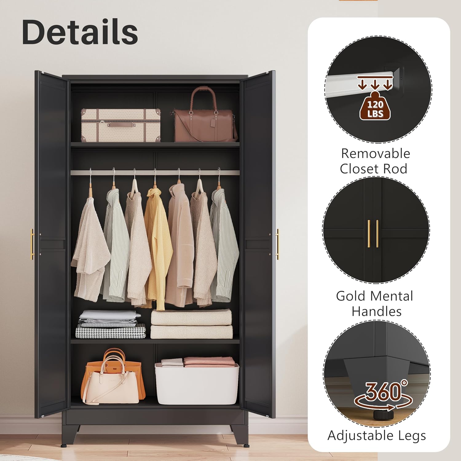Metal Armoire Wardrobe Closet, 71" Clothing Storage Cabinet with Mirror