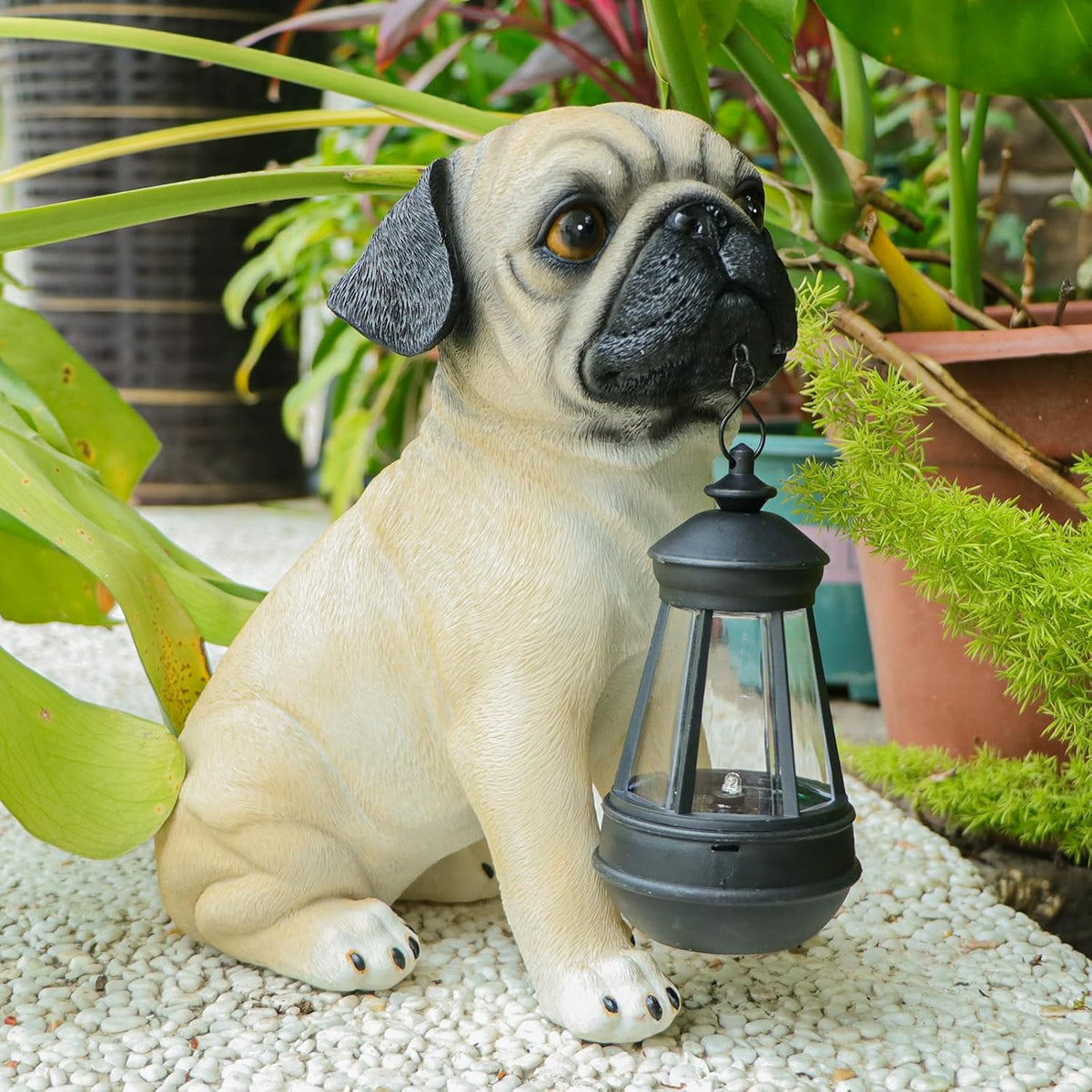 Afirst Solar Dog Garden Statue with Solar Lantern Outdoor Garden Pug Statues Figurines Lights Decorations for Patio Balcony Yard Ornament Outdoor Decor Gift