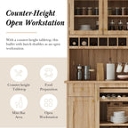 Polibi Farmhouse Freestanding Kitchen Pantry Cabinet Buffet with Hutch, Wine Rack, Adjustable Shelves, Pull-Out Bottle Trays & Glass Doors, 35.4x17.7x74.8inch,Natural
