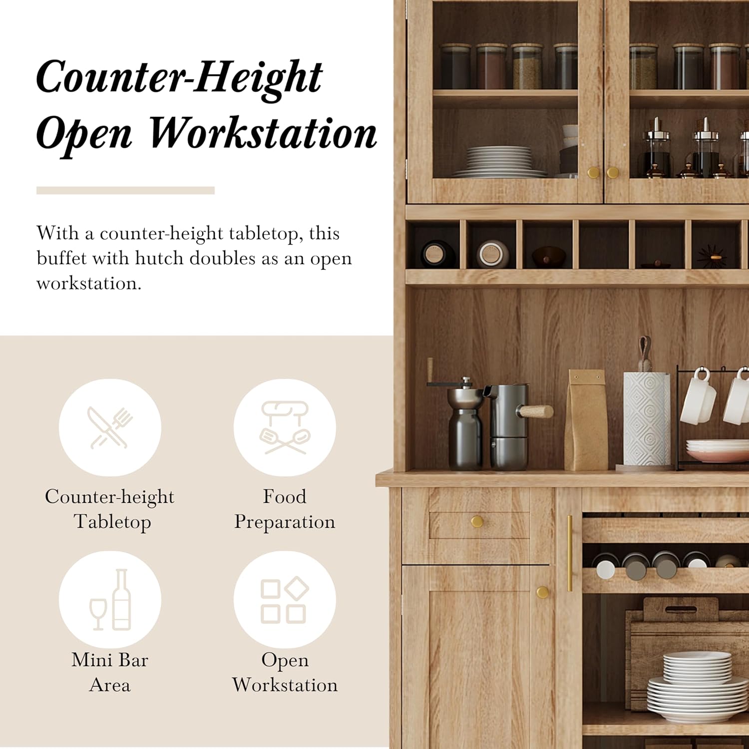 Polibi Farmhouse Freestanding Kitchen Pantry Cabinet Buffet with Hutch, Wine Rack, Adjustable Shelves, Pull-Out Bottle Trays & Glass Doors, 35.4x17.7x74.8inch,Natural