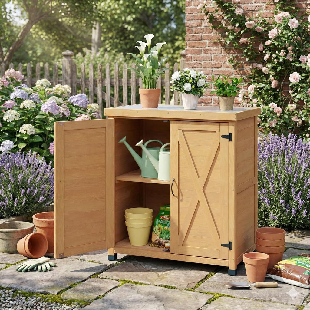 31" Weatherproof Small Storage Cabinet, Storage Cabinets with Sturdy X-Shape Design, Tool Cabinet with Magnetic Door for Patio and Garage, Light Brown