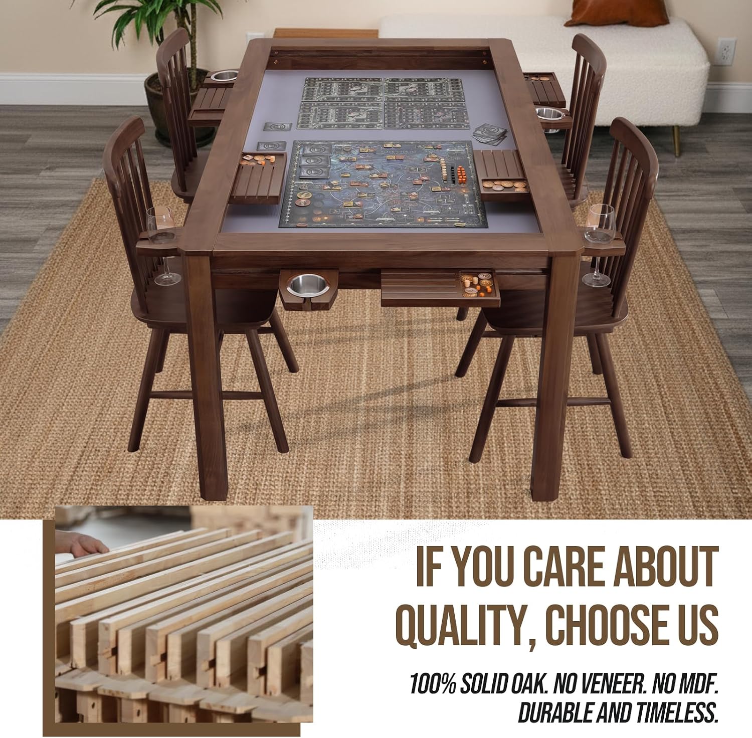 63" Solid Wood Board Game Table for Gaming/Dining, Removable Top | Gaming Table for 4–6 Players with 54" x 30.7" Play Area, Neoprene Play Mat, Leaf Storage Rack, 6 Cup Holders & Trays, Walnut