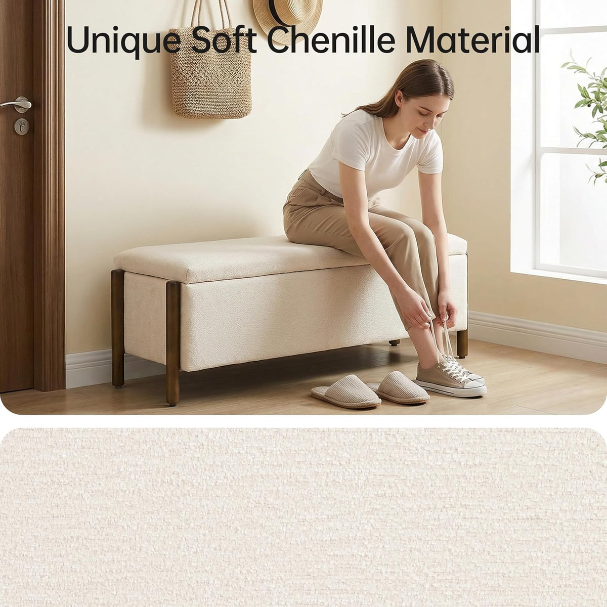 Usaint 47" Fabric Upholstered End of Bed Storage Ottoman Bench, Beige | Entryway Bench with Storage and Rubberwood Legs, 24.5 Gallons Storage Space, Hinged, for Bedroom, Living Room