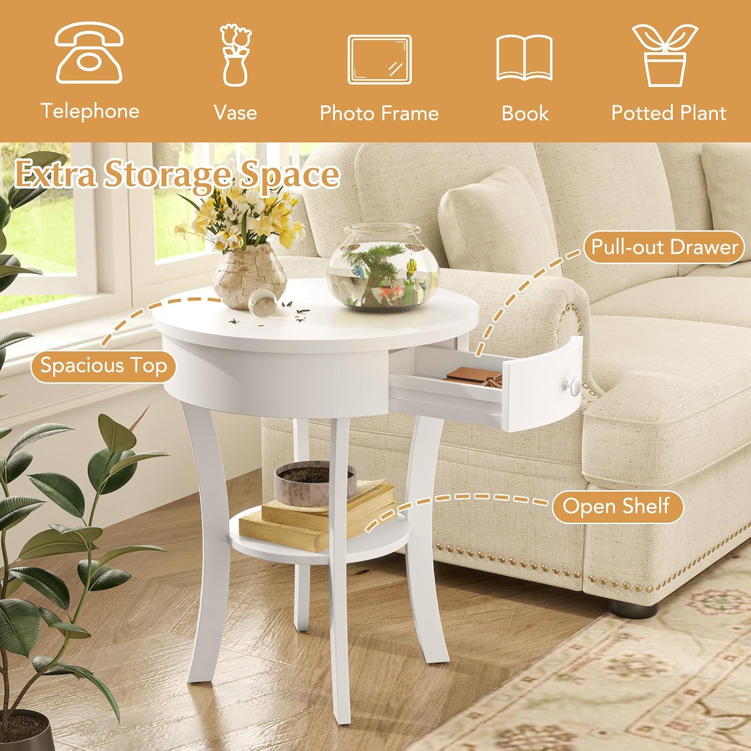 GOFLAME Round End Table with Drawer, 2-Tier Sofa Side Table with Solid Wood Legs, Open Storage Shelf, Vintage Accent Table, Display Table, Compact Nightstand for Living Room, White