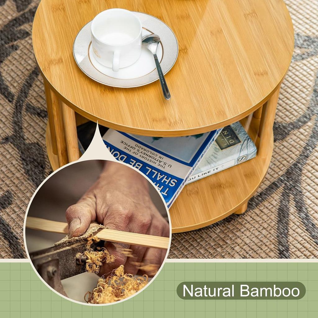 MFSTUDIO Bamboo Nightstand End Table Set of 2, Round 15.7" Bedside Tables with 2-Tier Open Storage for Small Spaces, 2 Pieces Farmhouse Natural Bamboo Wood End Table for Living Room