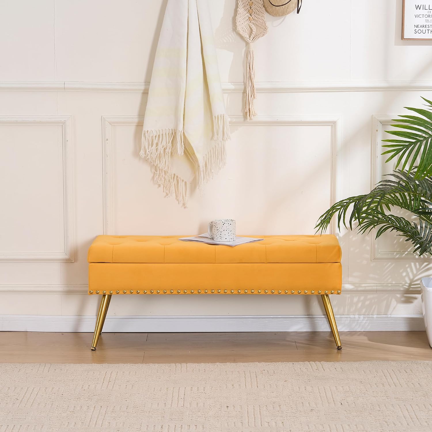 40" Mustard Yellow Velvet Storage Bench with Gold Legs Nailhead Trim | Tufted Ottoman, End of Bed Bench, Upholstered, For Bedroom/Living Room/Window/Entryway/Dining Bench, Modern, Rectangle
