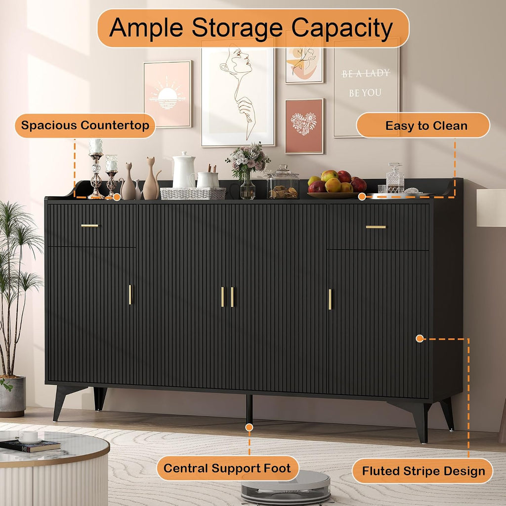 Sideboard Buffet Cabinet with Drawers: 63" Black Fluted Sideboard Cabinet with Storage, Modern Kitchen Cabinets Storage, Credenzas for Living Room(63")