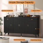 Sideboard Buffet Cabinet with Drawers: 63" Black Fluted Sideboard Cabinet with Storage, Modern Kitchen Cabinets Storage, Credenzas for Living Room(63")