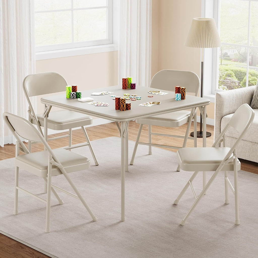 IDEALHOUSE 5-Piece Dining Table Set, Metal Folding Kitchen Table with 4 Upholstered Chairs, Space-Saving Design, Faux Leather Cushions, Beige Modern Square Table for Dining Room, Small Spaces