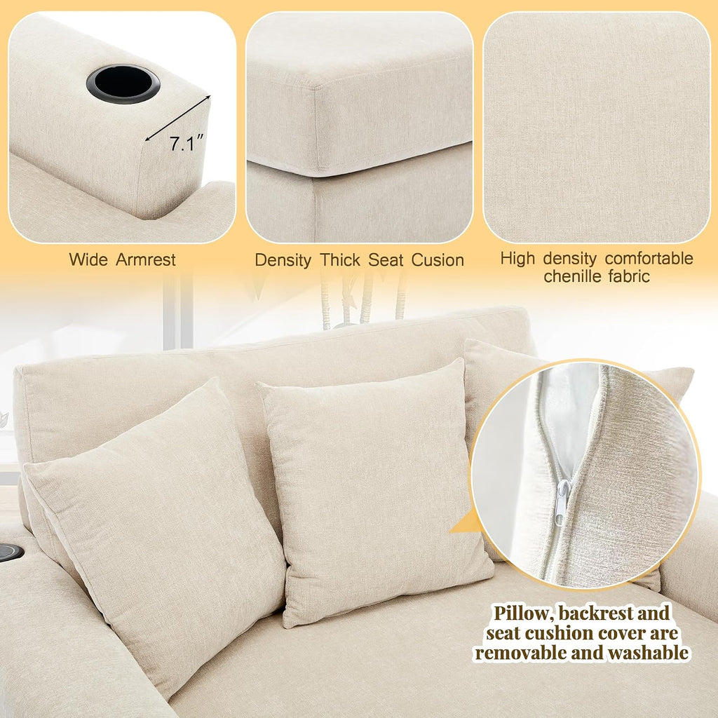 Merax Modern 55" Chaise Lounge with Pillow, Charge Station & Cup Holders,Upholstered Sofa Recliner Chair for Living Room Bedroom Cream