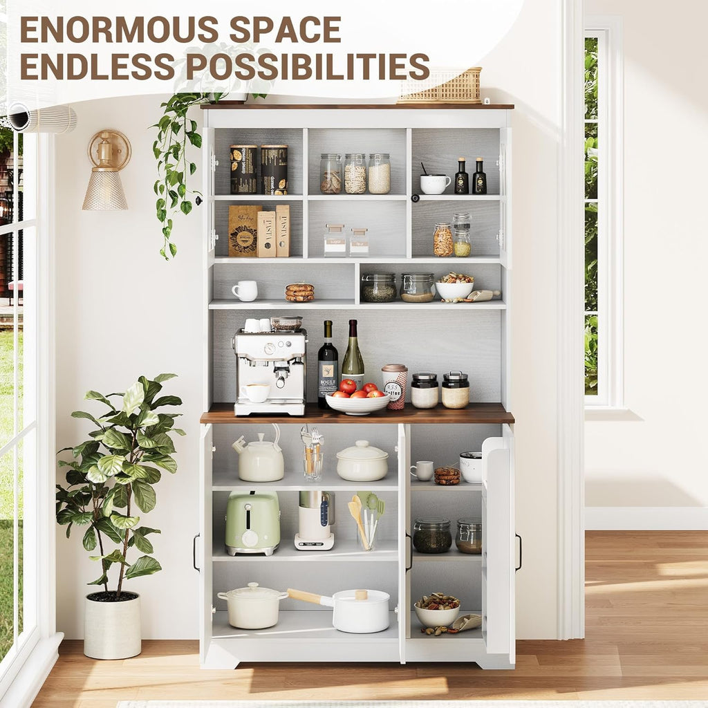 Tall Kitchen Pantry Cabinet with Glass Doors and Hutch, 70.9'' Storage, Built-in Charging Station, Dining Room Wine Rack & Cupboard - Modern White and Brown