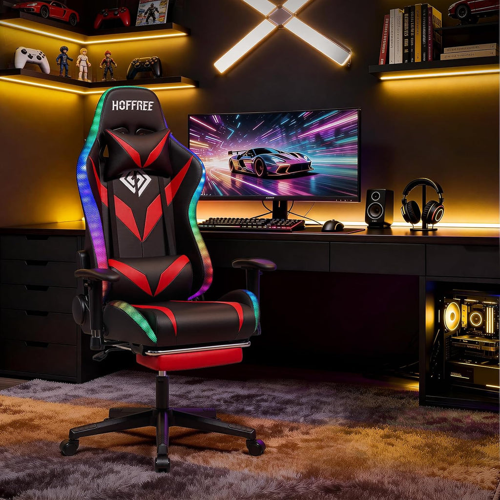 Led Gaming Chair with Speakers Massage 165° Reclining Computer Chairs-Red | RGB Lights Video Game Chairs for Adults;Racing Style;Rocking Mode;Bluetooth Gamer Chair with Footrest;Adjustable Armrests