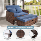 Amopatio Wicker Outdoor Daybed, Outdoor Loveseat with Storage Ottoman, Rattan Patio Daybed, Patio Loveseat with 4-Level Adjustable Backrest & Folding Tray, for Yard, Balcony, Porch, Poolside, Blue
