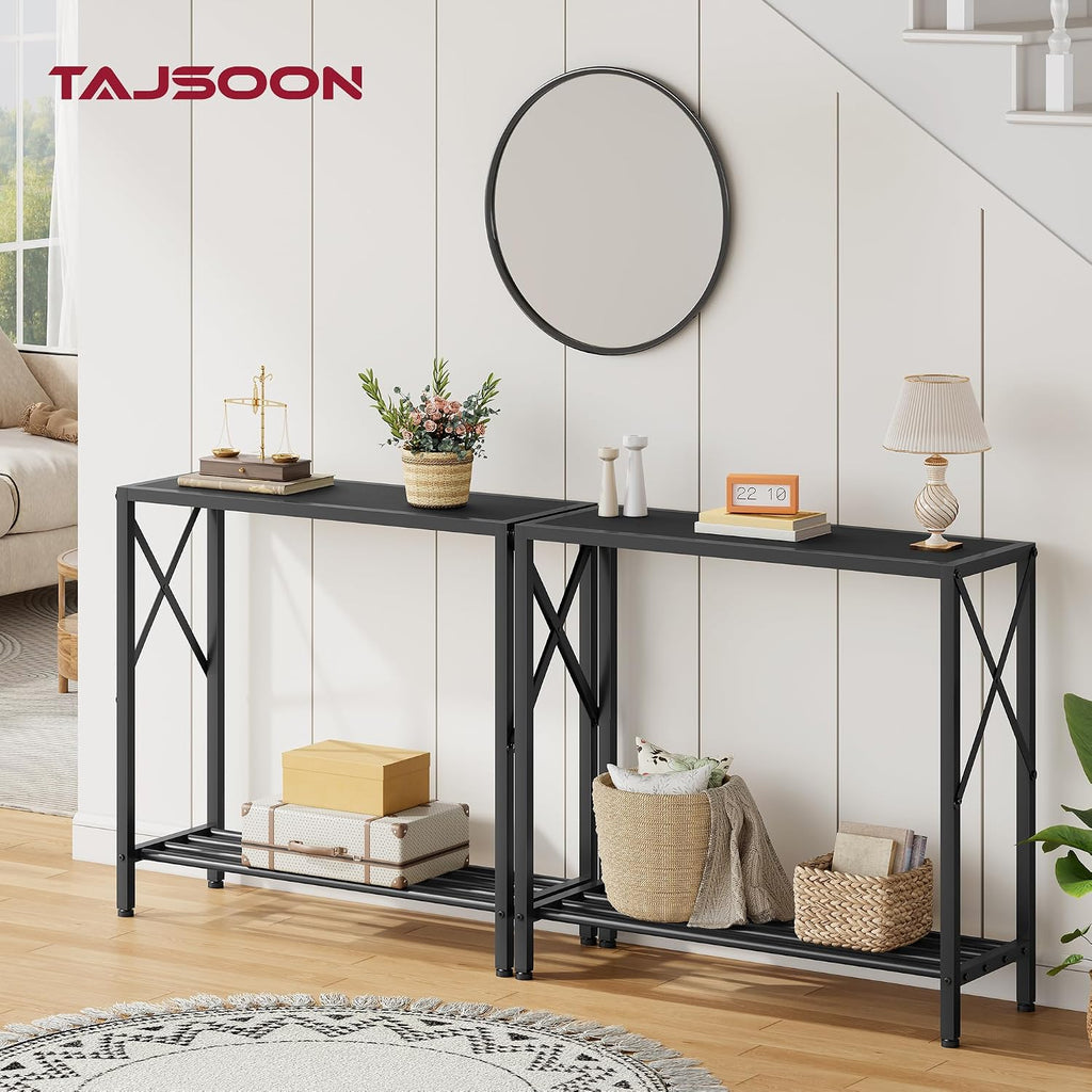 Tajsoon 2 Pack Console Table, 2 Tier Small Hallway Table, Narrow Sofa Table for Entryway with Open Shelves for Living Room, Hallway, Foyer, Office, Black