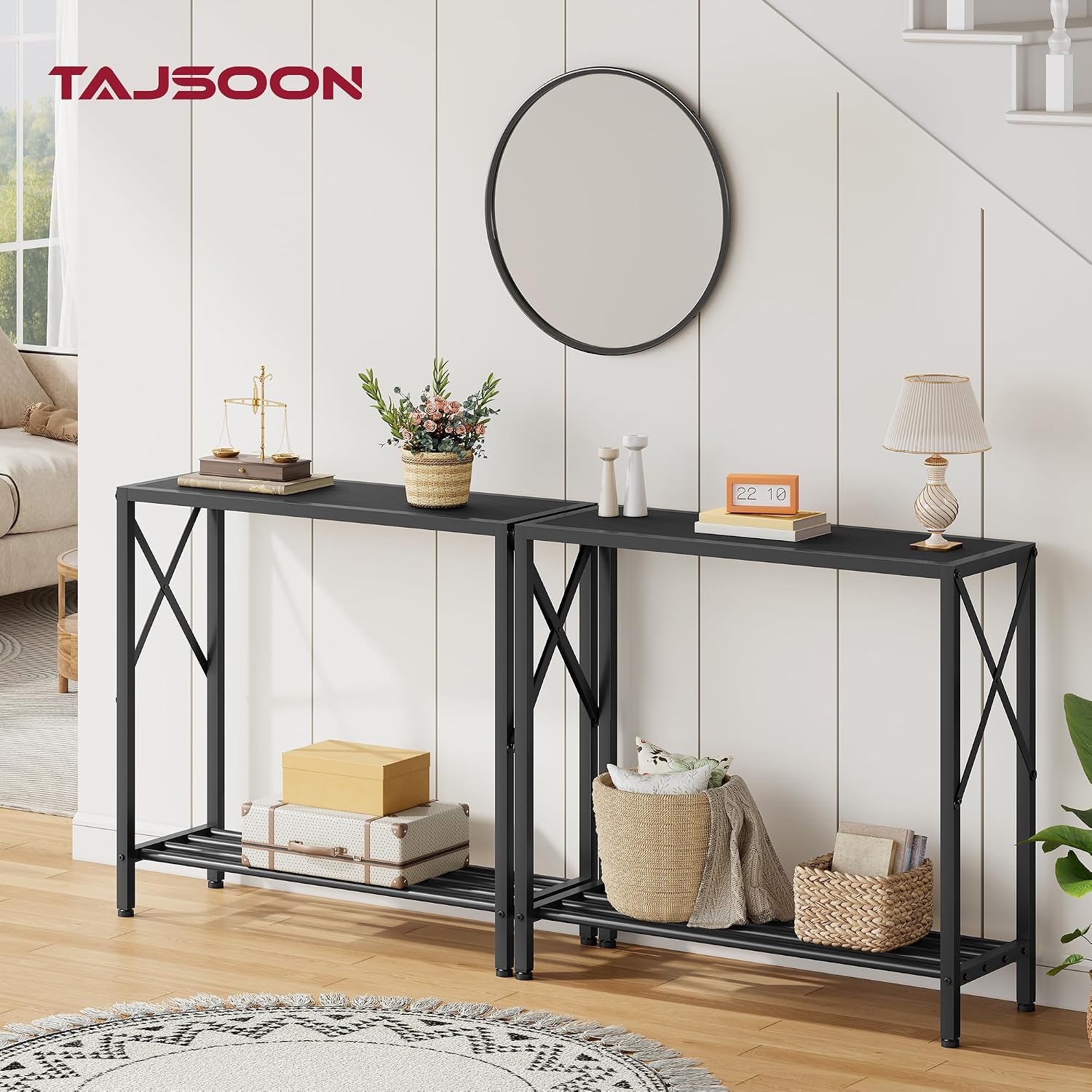 Tajsoon 2 Pack Console Table, 2 Tier Small Hallway Table, Narrow Sofa Table for Entryway with Open Shelves for Living Room, Hallway, Foyer, Office, Black
