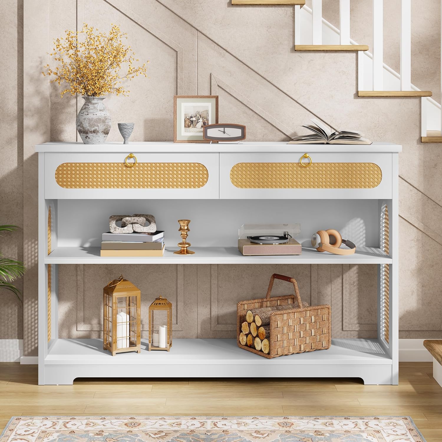 Hoctieon Rattan Console Table with 2 Drawers, 3-Tier Boho Woven Entryway Table with Back Panel and Open Storage Shelf, 40" Wood Narrow Long Sofa Tables for Hallway, Foyer, Living Room, White