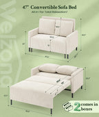 Welzona Loveseat Sleeper Sofa 47", Convertible Sofa Bed, Corduroy Love seat | 620lbs Capacity Love Seat Sleeper Bed, Easy Setup Small Couch Bed 2 Pillow, Small Couches for Living Room/Office, Ivory White