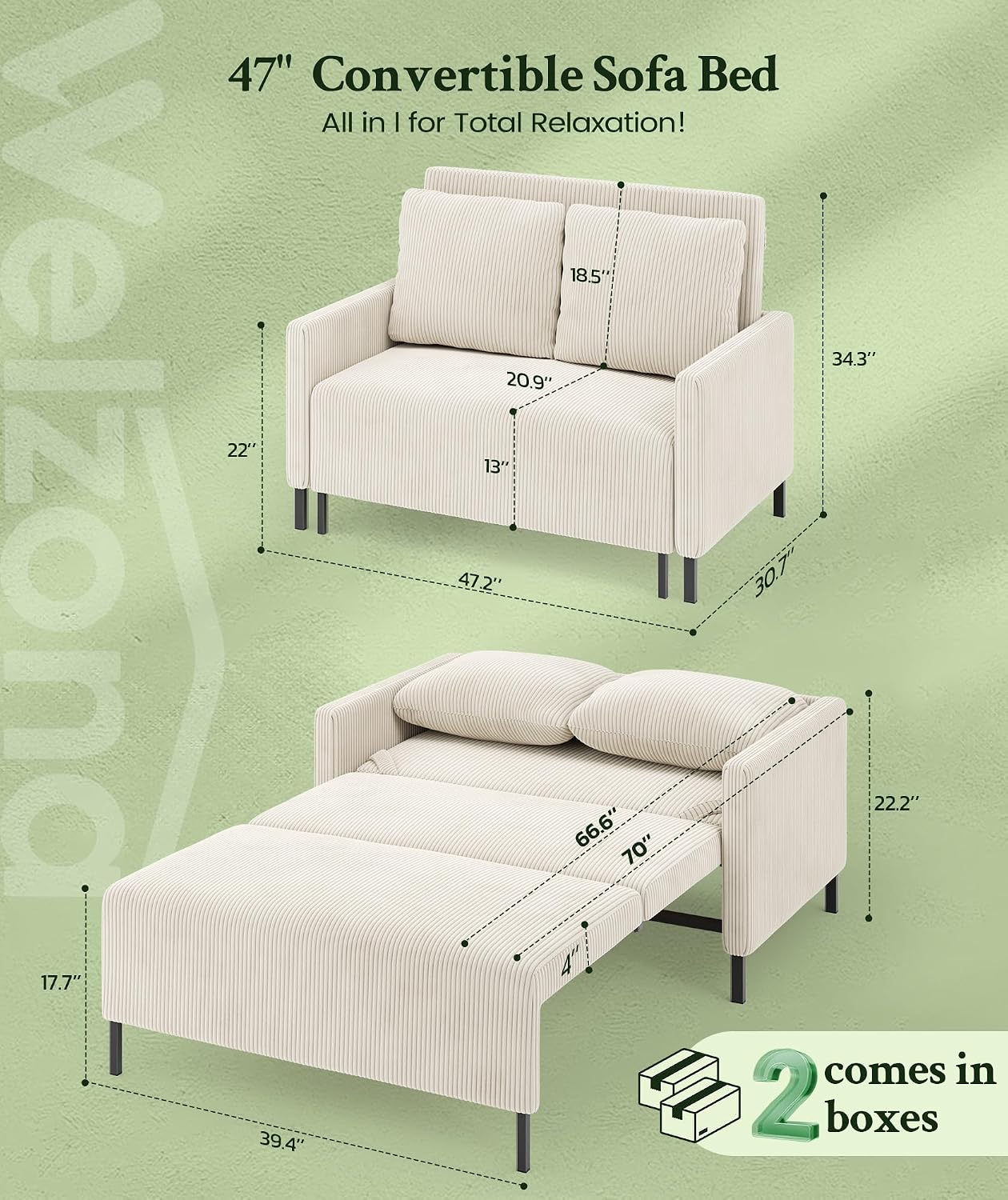 Welzona Loveseat Sleeper Sofa 47", Convertible Sofa Bed, Corduroy Love seat | 620lbs Capacity Love Seat Sleeper Bed, Easy Setup Small Couch Bed 2 Pillow, Small Couches for Living Room/Office, Ivory White