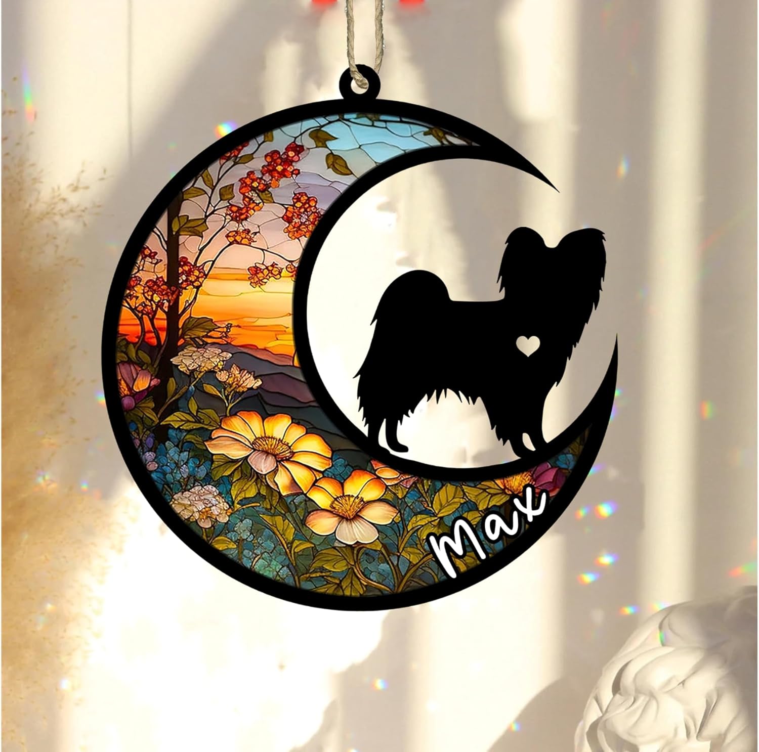 Personalized Dog Memorial, Custom Name Papillon (Black White) Dog Christmas Ornament with Name, Custom Breeds, Pet Loss Light Catcher, Gifts for Lovers Loss of Pet Sympathy on Mothers Day Christmas