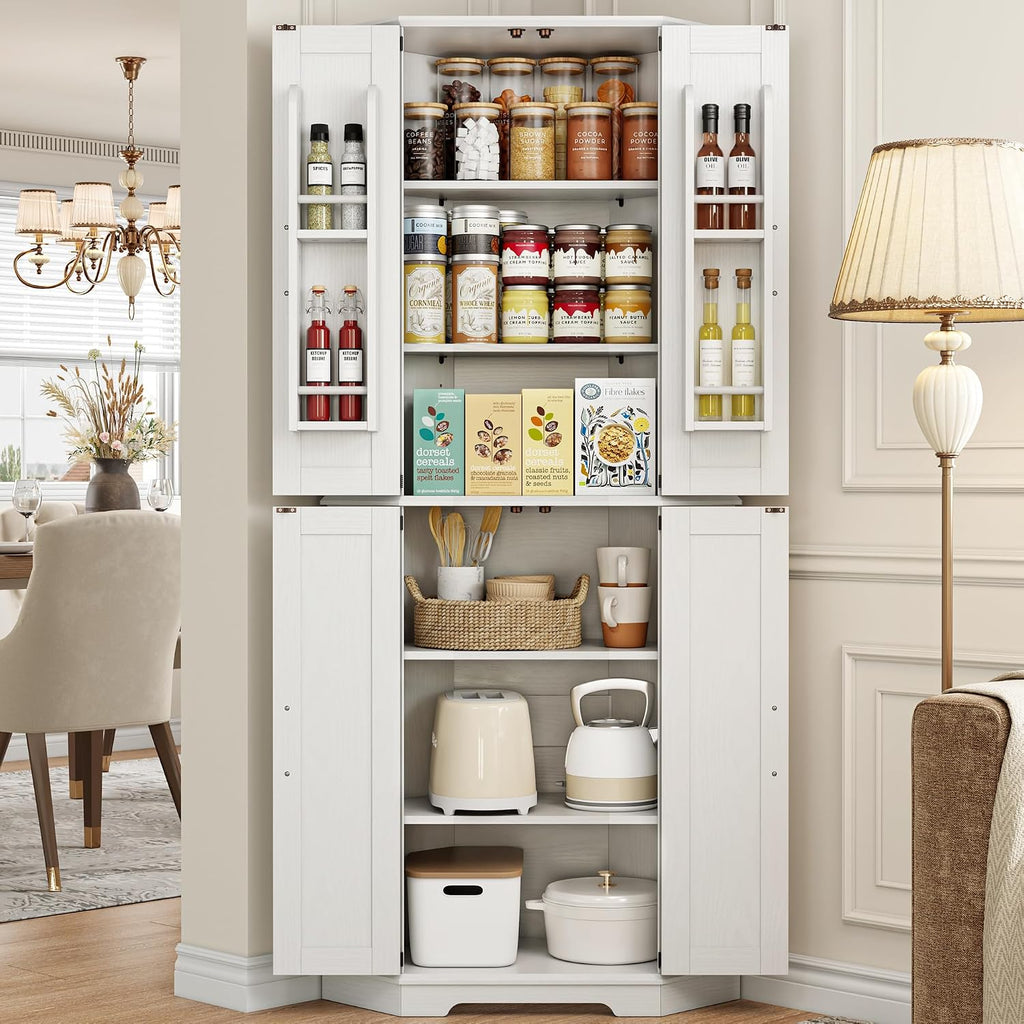 IRONCK Corner Cabinet, 72" Farmhouse Pantry Cabinet, White | 6 Tiers Shelves with 2 adjustable shelves, 240° swivel doors and spacious storage for kitchens, dining rooms, living rooms