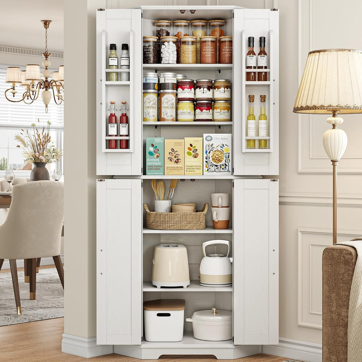 IRONCK Corner Cabinet, 72" Farmhouse Pantry Cabinet, White | 6 Tiers Shelves with 2 adjustable shelves, 240° swivel doors and spacious storage for kitchens, dining rooms, living rooms