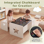 HONEY JOY Weaning Kids Table and Chair Set, Wooden Montessori Activity Table Set with Chalkboard & Reversible Tabletop, Sturdy Playroom Nursery Furniture for Ages 3+ Years Old (White, Star)