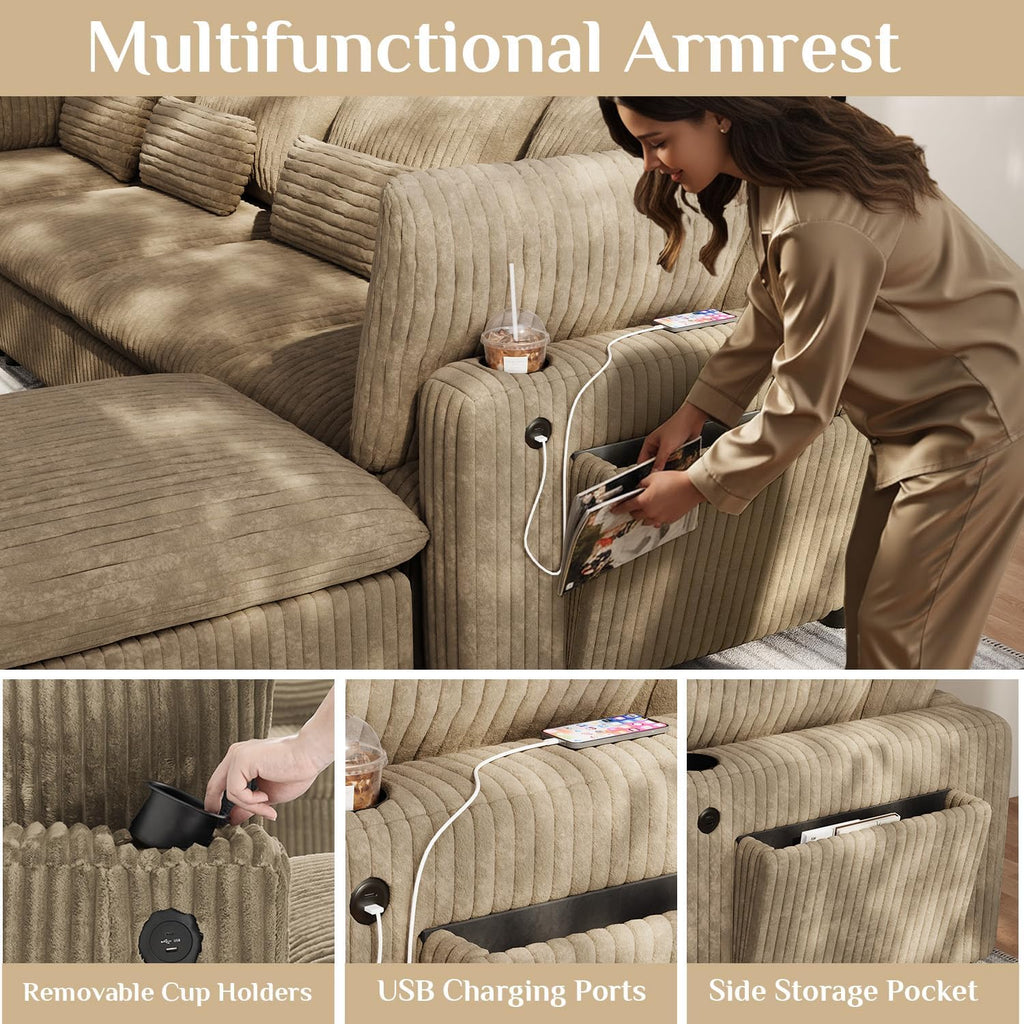 130" Oversized Cloud Couch Large Modular Sectional Sofa Modern U Shaped Sectional Couch 6 Deep Seat Sofa Set for Living Room Comfy Corduroy Cloud Sofa with Ottoman, USB Port, Cup Holder, Light Brown