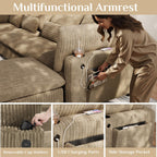 130" Oversized Cloud Couch Large Modular Sectional Sofa Modern U Shaped Sectional Couch 6 Deep Seat Sofa Set for Living Room Comfy Corduroy Cloud Sofa with Ottoman, USB Port, Cup Holder, Light Brown